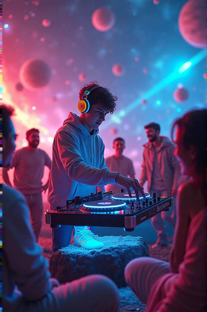 A teenage DJ hanging out with his friends in space 