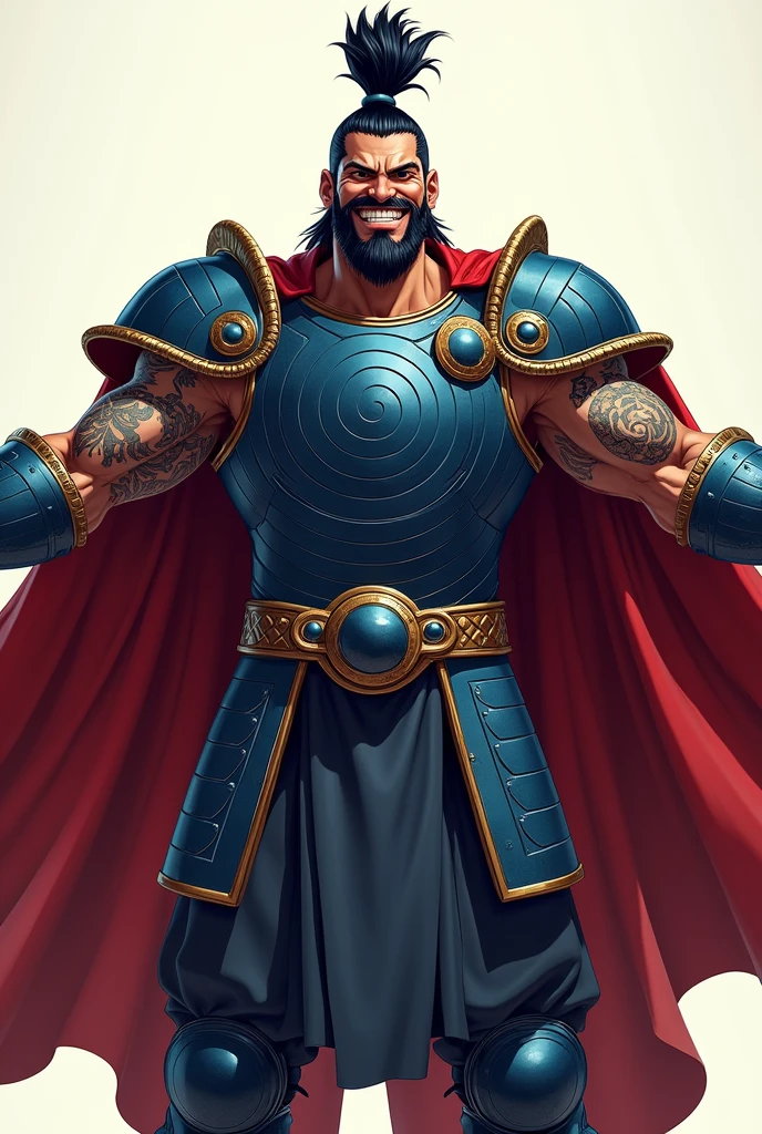 Draw an digital picture of an imposing warrior with a confident, self-assured grin with closed mouth, emphasizing his thick lips and unwavering confidence. Depict him wearing ornate blue armor with intricate detailing, including circular patterns and layered plates. Show his muscular arms with visible tattoos, particularly the spiral design on his left arm. Style his black hair in a high topknot with long sideburns framing his face. Include a golden belt and hints of red fabric beneath the armor, possibly a cape billowing behind him. Render the character in a hyper-detailed, semi-realistic style with sharp lines and bold colors. Focus on creating depth through shading and highlights, particularly on the armor's metallic surfaces to bring out its texture and sheen. Position him in a powerful, arms-spread pose against a light background to make the figure stand out dramatically. Capture his intense gaze with slightly narrowed eyes that radiate absolute certainty. Ensure his grin is a closed-lip expression, conveying confidence without showing teeth. Aim for a style that blends elements of manga art with highly detailed realism, emphasizing both the character's imposing physical presence and his aura of unshakeable confidence. Add fine details like individual hairs, pores on the skin, and intricate patterns on the armor to create a richly textured, lifelike image