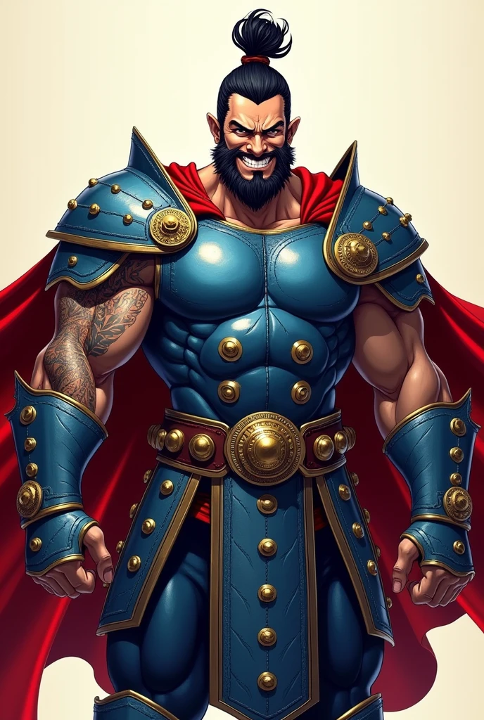 Draw an digital picture of an imposing warrior with a confident, self-assured grin with closed mouth, emphasizing his thick lips and unwavering confidence. Depict him wearing ornate blue armor with intricate detailing, including circular patterns and layered plates. Show his muscular arms with visible tattoos, particularly the spiral design on his left arm. Style his black hair in a high topknot with long sideburns framing his face. Include a golden belt and hints of red fabric beneath the armor, possibly a cape billowing behind him. Render the character in a hyper-detailed, semi-realistic style with sharp lines and bold colors. Focus on creating depth through shading and highlights, particularly on the armor's metallic surfaces to bring out its texture and sheen. Position him in a powerful, arms-spread pose against a light background to make the figure stand out dramatically. Capture his intense gaze with slightly narrowed eyes that radiate absolute certainty. Ensure his grin is a closed-lip expression, conveying confidence without showing teeth. Aim for a style that blends elements of manga art with highly detailed realism, emphasizing both the character's imposing physical presence and his aura of unshakeable confidence. Add fine details like individual hairs, pores on the skin, and intricate patterns on the armor to create a richly textured, lifelike image
