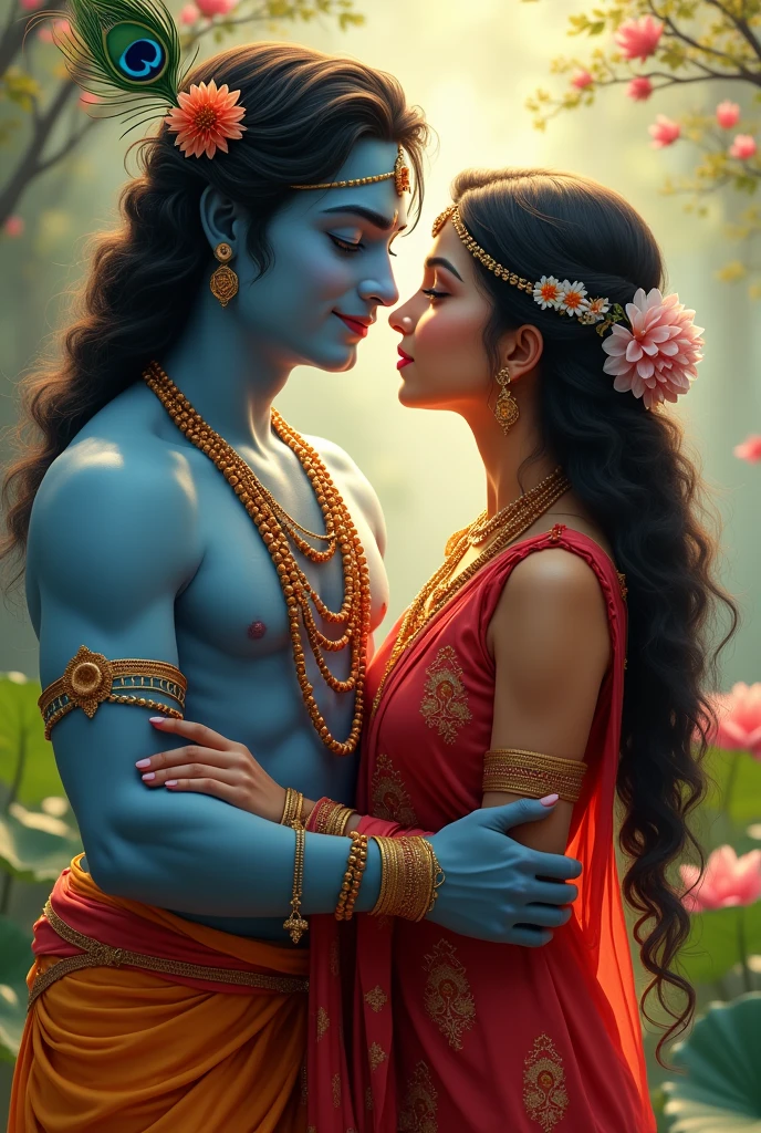 "Lord Krishna, with his radiant blue skin, charming smile, and peacock feather crown, gazes lovingly into the eyes of Radha, a beautiful maiden with a radiant complexion, adorned in a traditional Indian sari, flowers, and jewelry, her long dark hair flowing down her back, as they share a tender moment of love and devotion."
Change the dress color