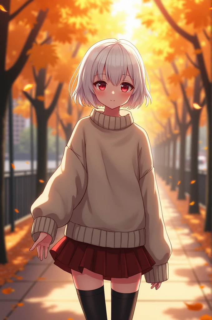 A girl with short white hair , red eyes , ngực to, Wear a loose sweater , wear a short skirt, Wear long black socks ,Hold my hand