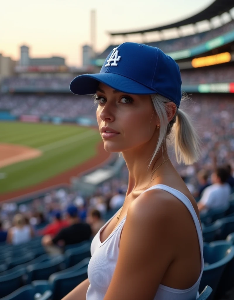 (RAW photo, best quality, masterpiece: 1.2), (photorealistic: 1.4), best lighting, 20 years old, (light gray hair, short cut, hair over ear, Symmetrical eyes, fair skin, solo, Detailed Skin, Detailed Background:1.2), Profile, angle from field to bleachers, sitting in the bleachers at Dodgers Stadium watching the game, many spectators behind, wearing Los Angeles Dodgers baseball cap, white tank top, large breasts, accessories, hair tied back, evening, sunset
