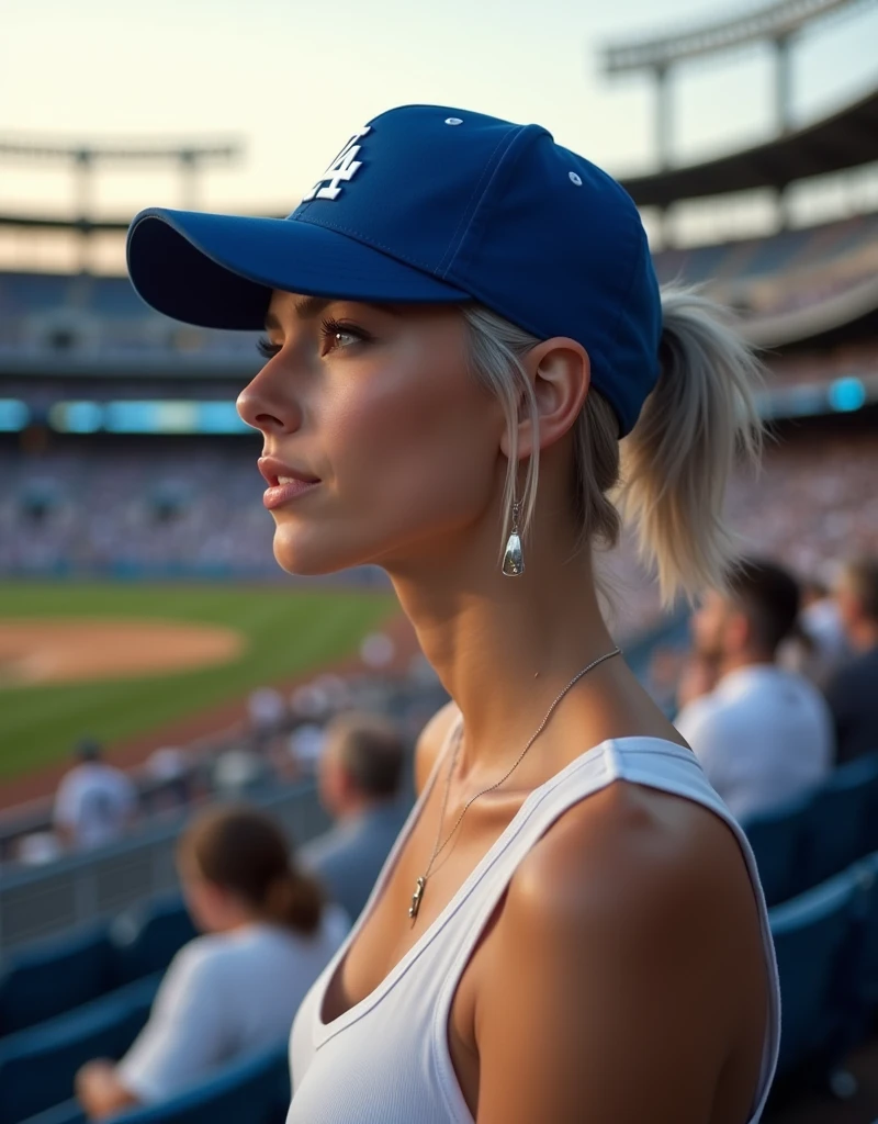 (RAW photo, best quality, masterpiece: 1.2), (photorealistic: 1.4), best lighting, 20 years old, (light gray hair, short cut, hair over ear, Symmetrical eyes, fair skin, solo, Detailed Skin, Detailed Background:1.2),　Profile, angle from field to bleachers, sitting in the bleachers at Dodgers Stadium watching the game, many spectators behind, wearing Los Angeles Dodgers baseball cap, white tank top, large breasts, accessories, hair tied back, evening, sunset