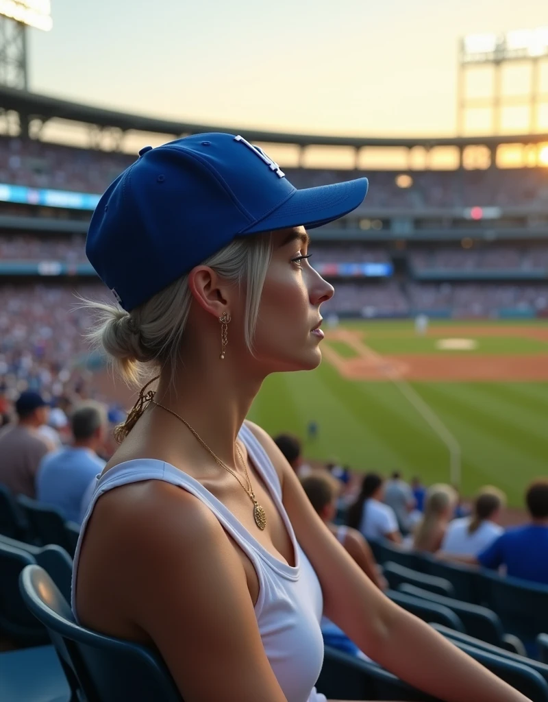(RAW photo, best quality, masterpiece: 1.2), (photorealistic: 1.4), best lighting, 20 years old, (light gray hair, short cut, hair over ear, Symmetrical eyes, fair skin, solo, Detailed Skin, Detailed Background:1.2), Profile, angle from field to bleachers, sitting in the bleachers at Dodgers Stadium watching the game, many spectators behind, wearing Los Angeles Dodgers baseball cap, white tank top, large breasts, accessories, hair tied back, evening, sunset