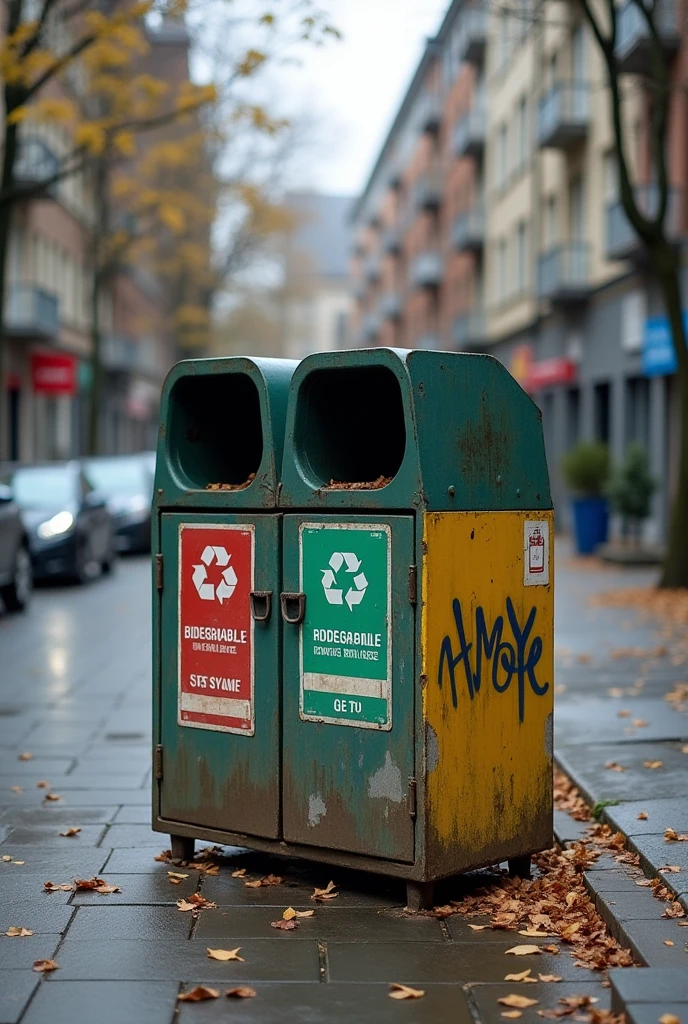 A one garbage bin with a separation of biodegradable, non biodegradable and plastic bottles. Make it not fancy