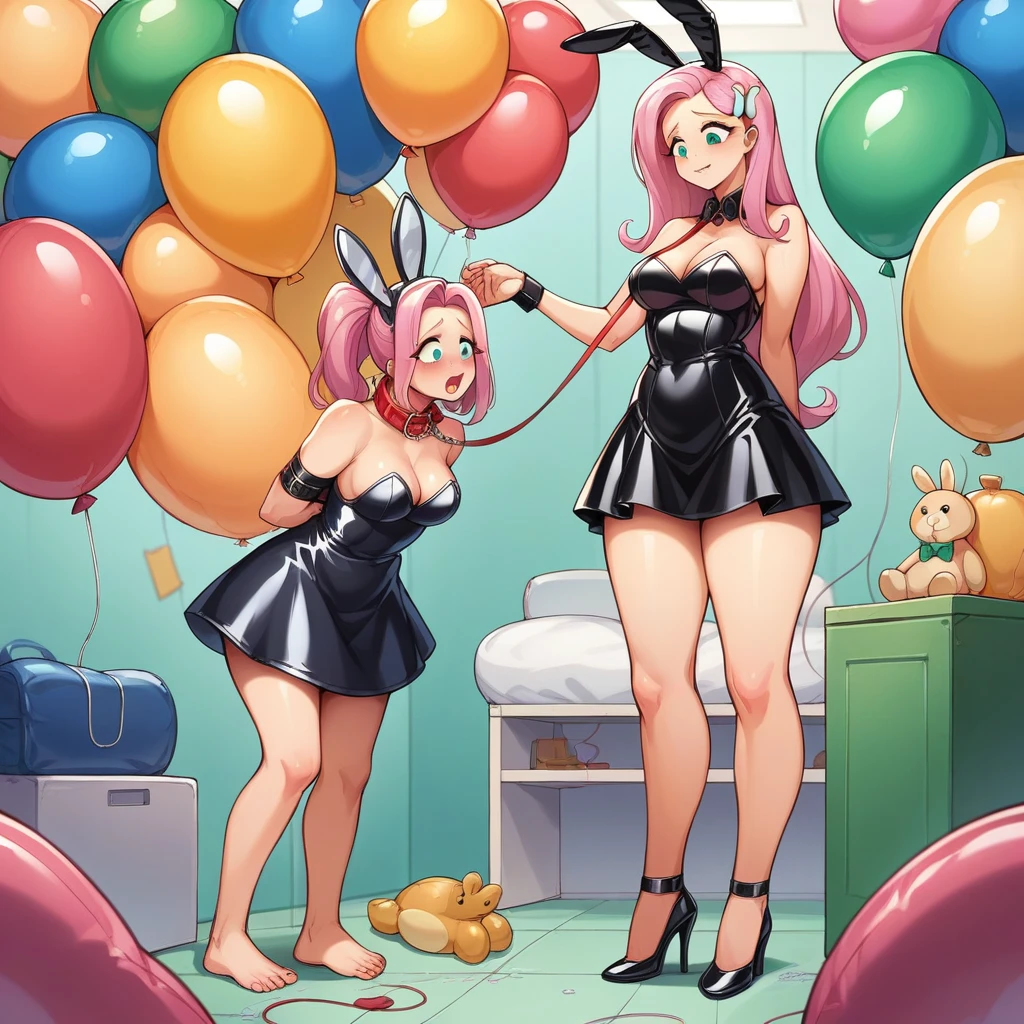 BDSM, colorful balloons, balloon fetish, inflatables, looner, femdom mistress mlpfluttershy in black latex dress and high heels walking on a leash her slave in inflatable latex suit with inflatable collar and balloons suit, feet worship, medium naked thighs, medium breasts, hair ornament, fake bunny ears, perfect feet, balloons everywhere, huge inflatable toys around, inside inflatable room, inflatable balloon bondage, pear type of body shape, perfect face