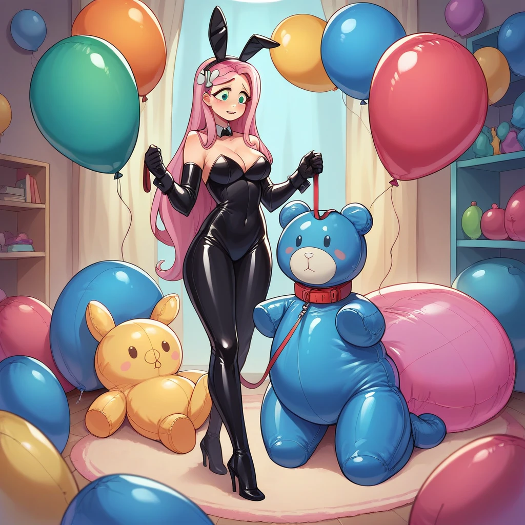BDSM, colorful balloons, balloon fetish, inflatables, looner, femdom mistress mlpfluttershy in black latex dress and high heels walking on a leash her slave in inflatable latex suit with inflatable collar and balloons suit, feet worship, medium naked thighs, medium breasts, hair ornament, fake bunny ears, perfect feet, balloons everywhere, huge inflatable toys around, inside inflatable room, inflatable balloon bondage, pear type of body shape, perfect face