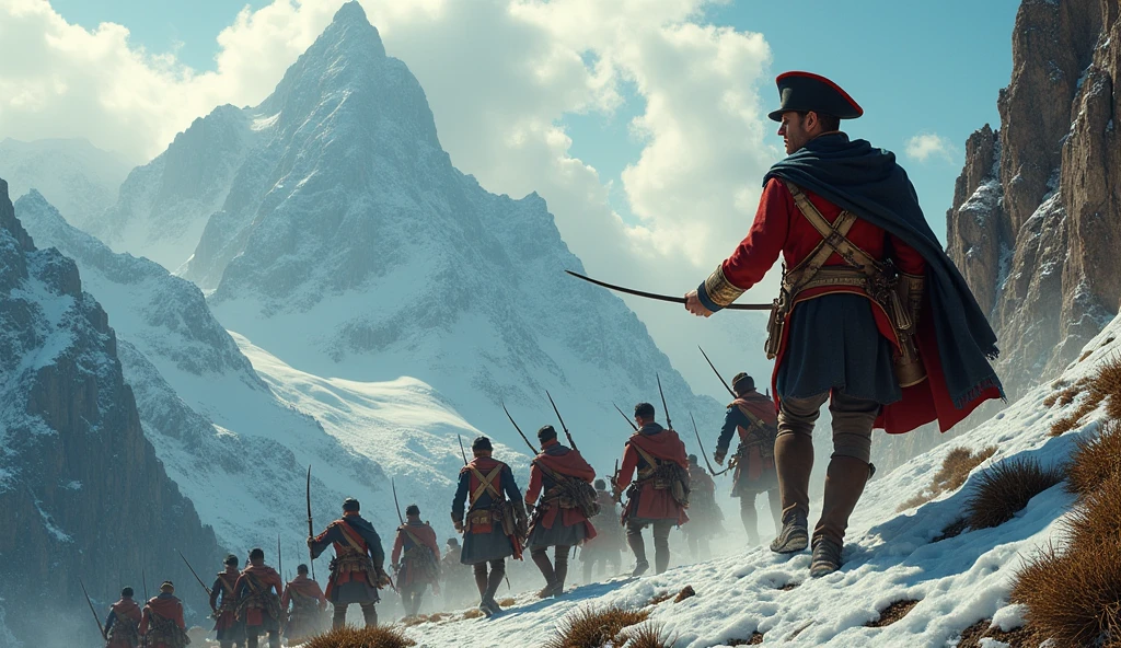 A dramatic battle scene in the Italian Alps, where Napoleon leads his troops through rugged terrain, with soldiers struggling but following his lead."