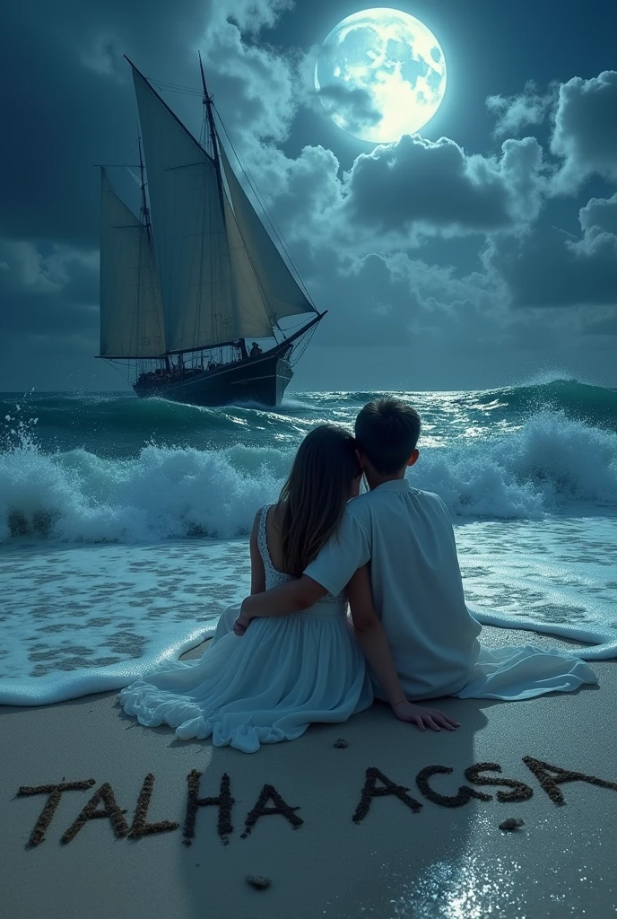 The boy and girl in white dress are sitting on the banks of the sea and wind is moving fast and the girl's head is resting on the boy's shoulder and written girl name TALHA AQSA in sand and it is midnight and it is raining heavily and the moon and stars are there and there is a big boat in the middle of the sea