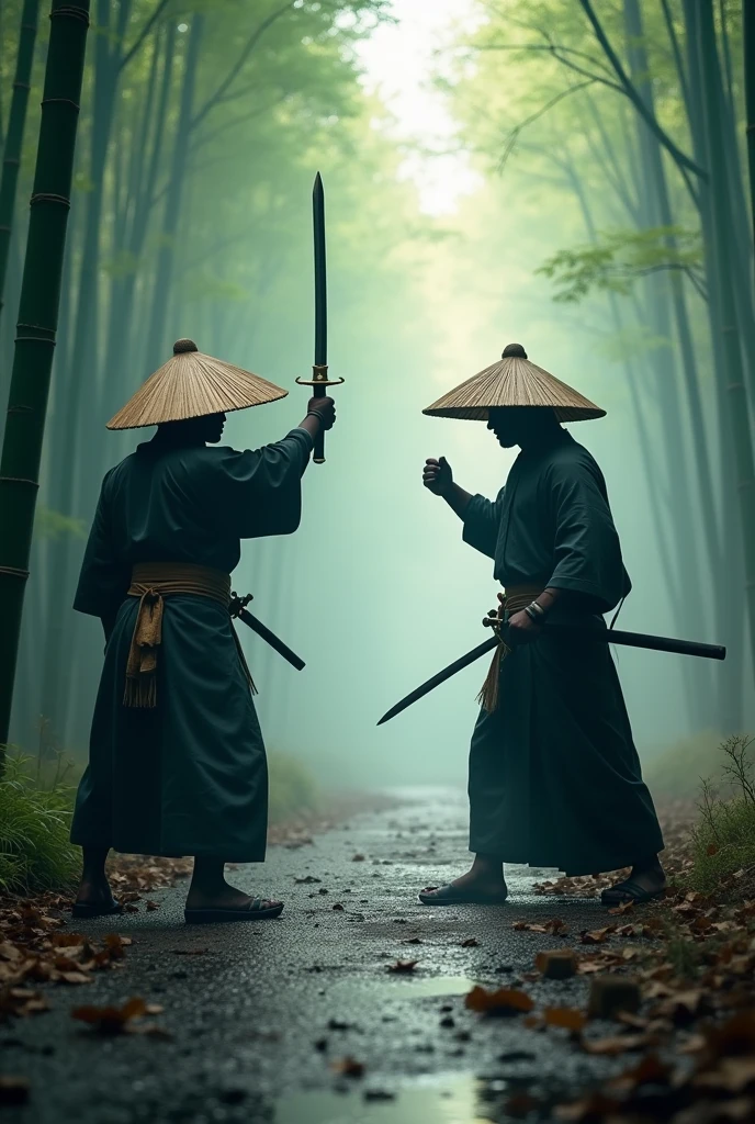 Create an atmospheric scene set in a misty bamboo forest during dawn or dusk. The focus should be on two samurai warriors standing in battle stances facing each other. Both samurai should be wearing traditional straw hats (kasa) and holding katanas, with one katana raised in preparation for combat. The light should filter through the tall bamboo stalks, casting long shadows and a soft glow. The overall mood should be tense yet serene, with the mist adding an ethereal quality to the scene. The ground is slightly wet, reflecting some of the light and shadows from the surroundings
