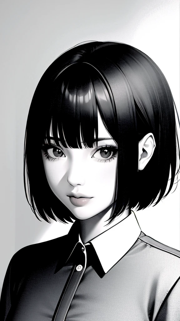 1girl, solo, monochrome, greyscale, short black hair, portrait, shirt, closed mouth, looking at viewer, sketch, graphite \(medium\), small lips, hatching \(texture\), without makeup, bangs,
