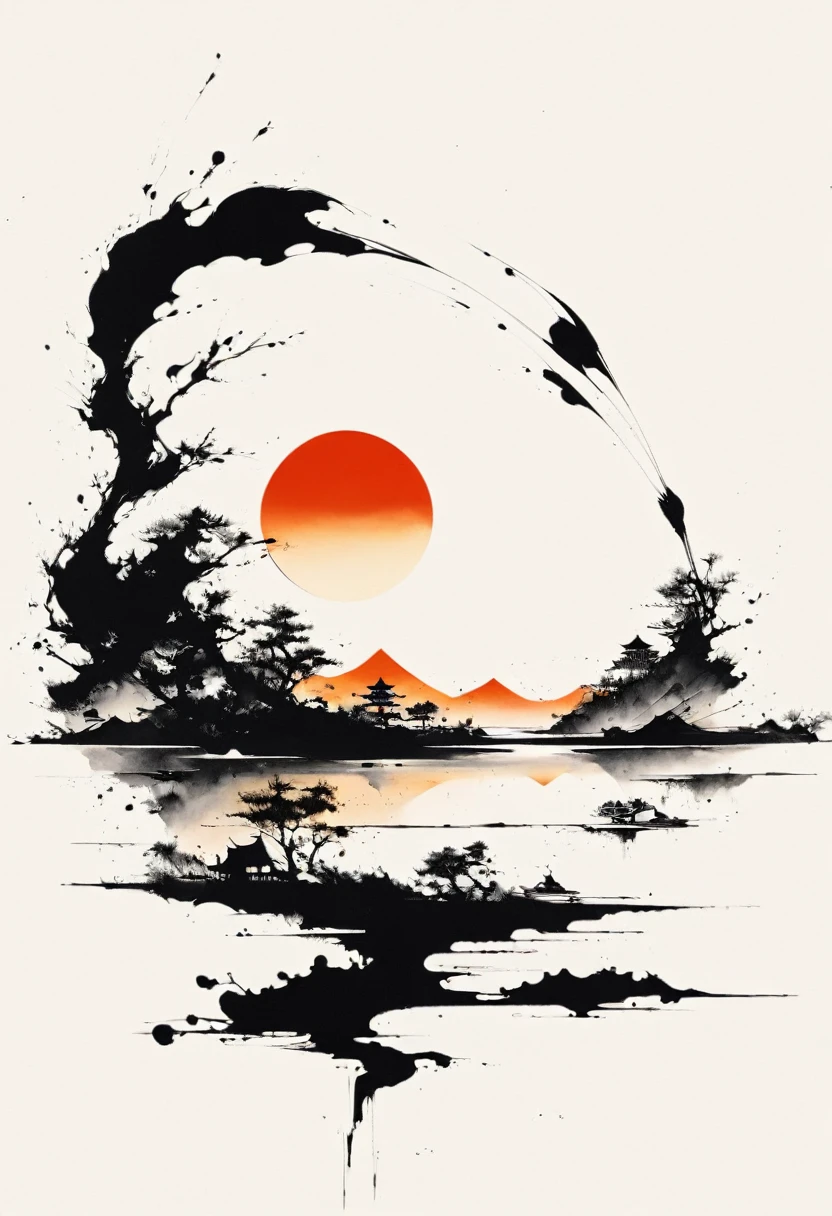 (Lots of white space:1.5)，(Lots of white space around:1.6), White background, simple, Minimalism, Abstract,Mode，Aesthetic，black and white，Ink Painting，Ancient，sunrise，