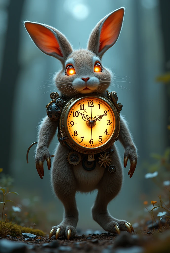 (best quality, masterpiece, ultra detailed), The rabbit has long ears, a large clock face in the center of its face, clock hands that move instead of eyes, gears and springs exposed on parts of its body, the numbers on the clock face that glow in the dark, strong hind legs characteristic of rabbits, the claws on its front legs are made of metal, a tail that looks like a clock pendulum