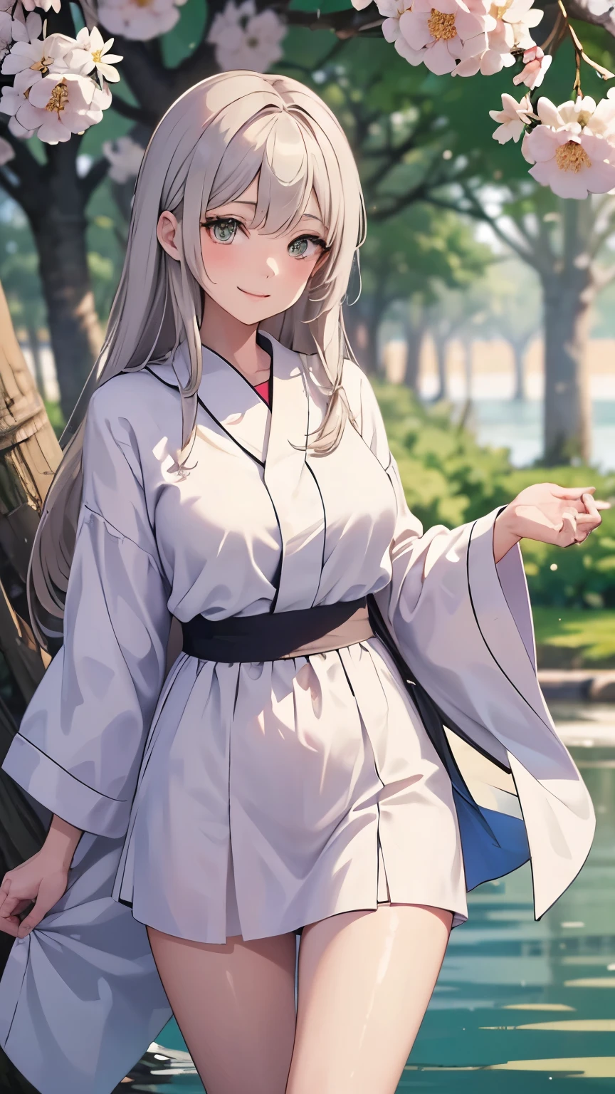 A beautiful adult woman with white skin like white chrysanthemums gazes at us with a quiet smile. She is wearing a white robe, revealing her attractive thighs. She stands gracefully beneath a weeping willow tree, with a stream flowing quietly behind her. The background is blurred.