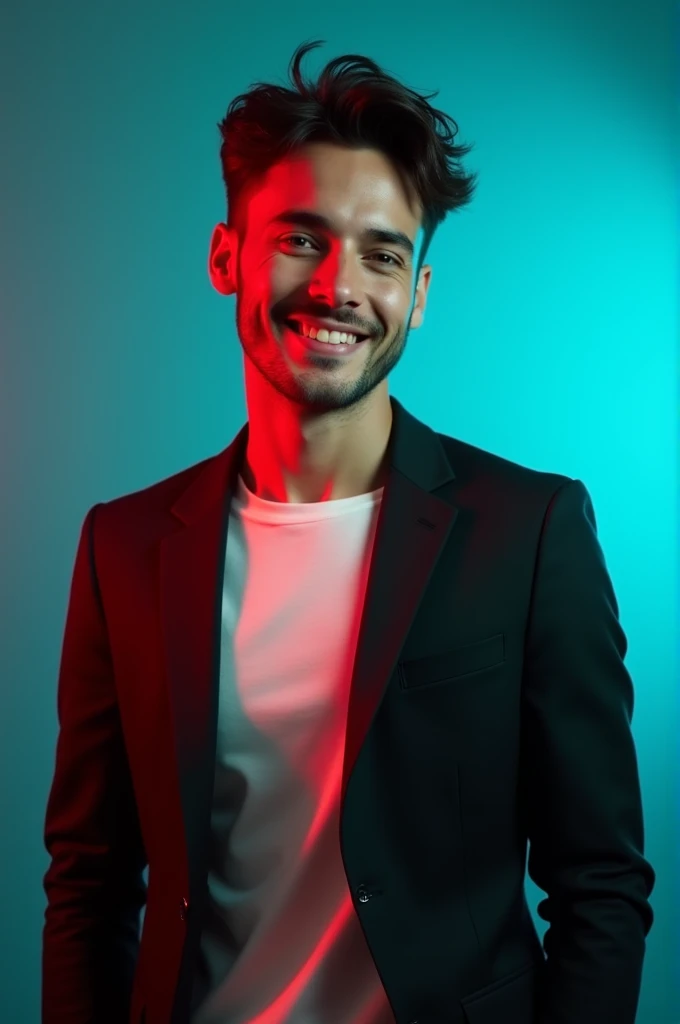 A young man with dark hair and a confident smile. He is dressed in a black blazer over a white shirt. The man is positioned against aqua colour backdrop with a subtle red lighting on the left side. and he posing for Linkedin profile