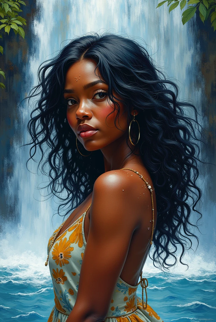 portrait of a plus size Papua New Guinean woman against a backdrop of waterfall in impressionistic painting style. her hair and face merges into the waterfall. highly detailed painting