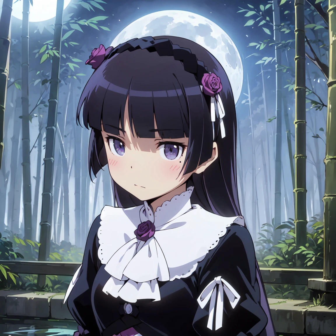 Standing in the bamboo forest, Moonlight shines in, full moon, Silence and mysticism, (ruri gokou), woman, alone, Hime cut, Long Hair, Lolita Fashion, Gothic & Lolita, head band, full body