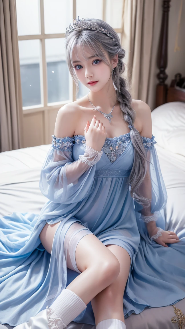 (Image above),Dynamic Angle,Very detailed, shape, straight, 1 person, (Fantasy:1.4), (Bright Blue Eyes:1.233),Her eyes shone like dream-like stars,(Glowing Eyes:1.233),(Beautiful and delicate eyes:1.1),(Silver Hair:1.14),(Messy Hair,Very long hair,French Braid,Hair between the eyes,Side Lock), (+(flower:1.14)),(Chiffon dress,青いflower柄)/=(uniform:1.24),(Do not use sleeves,Wide sleeves),(gloves),necklace,(Micony high socks),High heel boots,(Embarrassing),(obstinacy), (Located in a white old palace、Classic princess bedroom with vanity and French windows),(白いflower,bloom),(Dull Blue World Tree:1.14),(what&#39;Left behind),(night:1.2),dream-like,soul,(fluorescence), [[Thin fingers and hands:0.55]::0.85],(Finger details),(Soup Packet:0.5)、beret、Lady、18-year-old、Large Breasts, Highest quality, Very detailedな, Beautiful lighting, Beautiful views, Mild hot flashes, smile, ((masterpiece)), (anime:1.5), ((Highest quality)), (RAW Photos: 1.2), (Professional photography:1.2), whole body, 8k, From the side, Wide Shot,