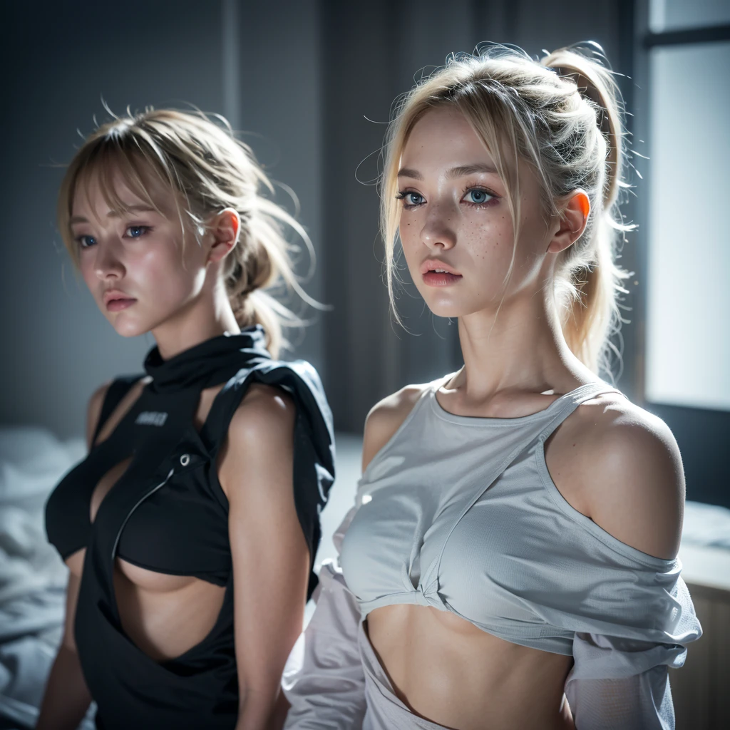 8k, DSLR, photography, short focal length, light attenuation, dark background out of focus, orange lighting from behind, 1girl, white girl, blonde hair, messy ponytail, high detail eyes, unreal engine, beautiful skin, radiant, pale blue eyes, posing in profile looking past camera, light freckles, dust particles in the air catching the light, shoulders exposed, grey string net shirt,