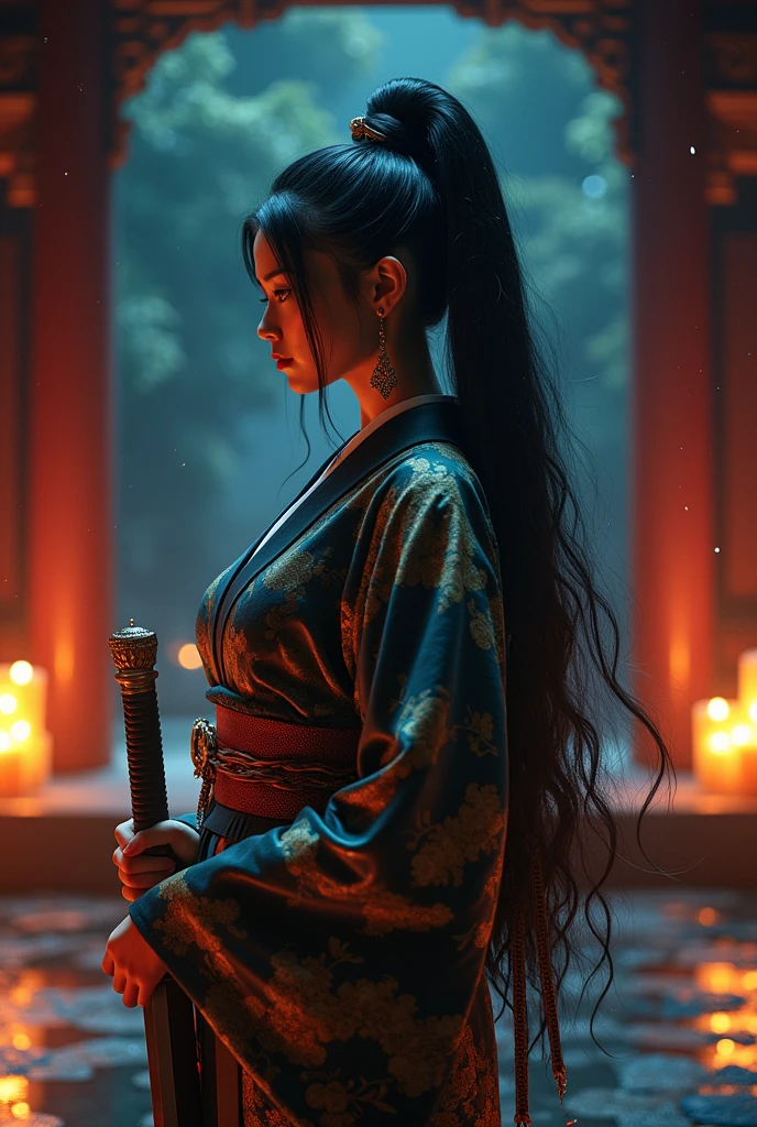 whole body, A goddess in kimono , Very large breasts, Shiny black hair, Law sword, Feather, Wide Hips, barefoot,, shrine, night, ponytail, sexy, Eye focus, Temple interior, Decorations, skyline, night, particle, chromatic aberration, detailed, Cinematic, Dark Scene, Fantasy
