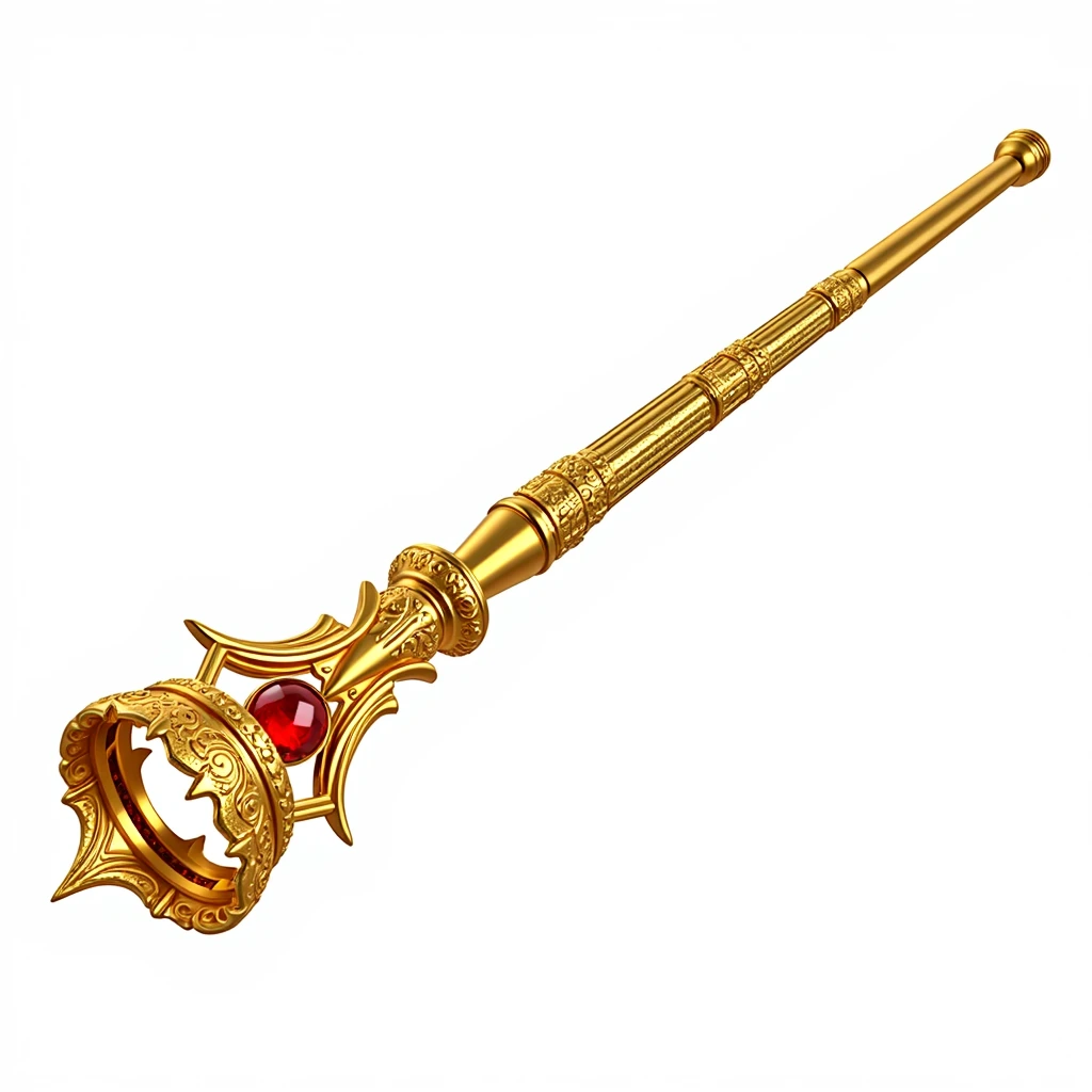 (masterpiece, top quality, best quality, official art,beautiful and aesthetic:1.2),(4k,8k, best quality,masterpiece:1.2),(((white background))), solo,Game item, a scepter, a golden scepter in the shape of a crown with a red gemstone embedded on top, representing authority and power. It has a European style with a clear and accurate structure, modern realistic representation, and consistent lighting that looks natural and believable.