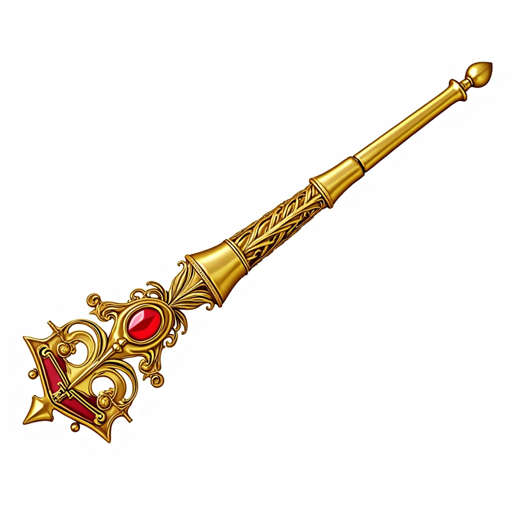 (masterpiece, top quality, best quality, official art,beautiful and aesthetic:1.2),(4k,8k, best quality,masterpiece:1.2),(((white background))), solo,Game item, a scepter, a golden scepter in the shape of a crown with a red gemstone embedded on top, representing authority and power. It has a European style with a clear and accurate structure, modern realistic representation, and consistent lighting that looks natural and believable.