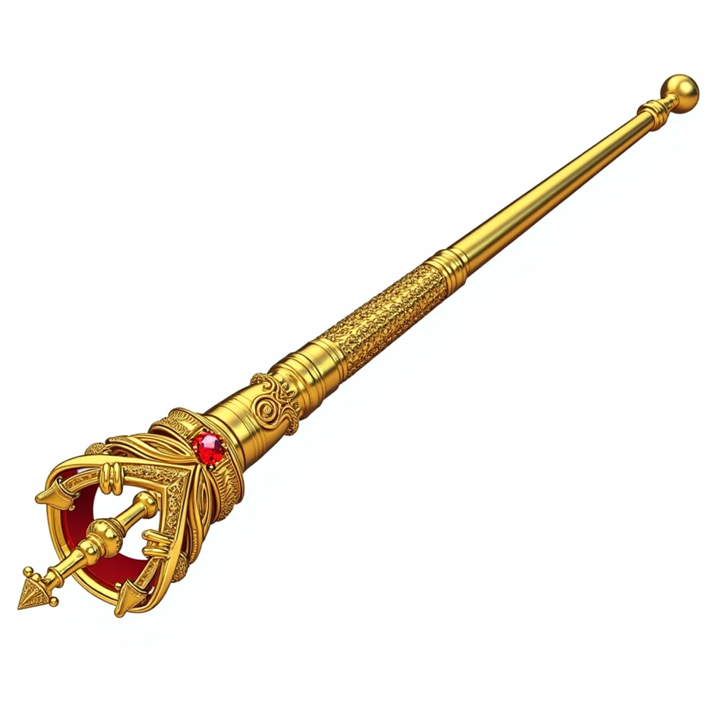 (masterpiece, top quality, best quality, official art,beautiful and aesthetic:1.2),(4k,8k, best quality,masterpiece:1.2),(((white background))), solo,Game item, a scepter, a golden scepter in the shape of a crown with a red gemstone embedded on top, representing authority and power. It has a European style with a clear and accurate structure, modern realistic representation, and consistent lighting that looks natural and believable.