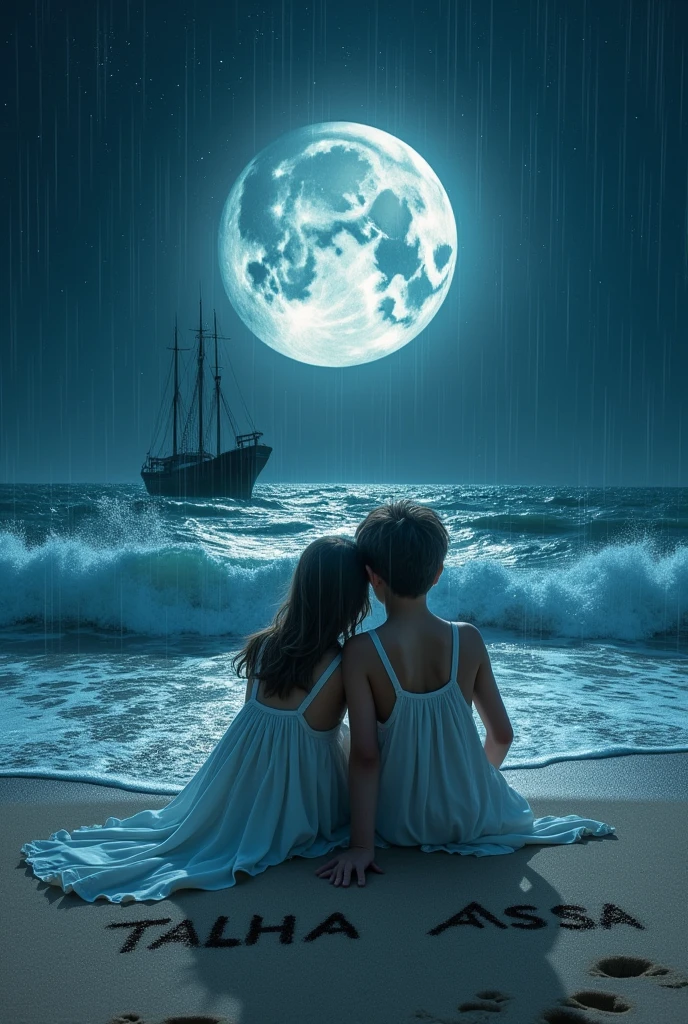 The boy and girl in white dress are sitting on the banks of the sea and wind is moving fast and the girl's head is resting on the boy's shoulder and written girl name TALHA AQSA in sand and it is midnight and it is raining heavily and the moon and stars are there and there is a big boat in the middle of the sea