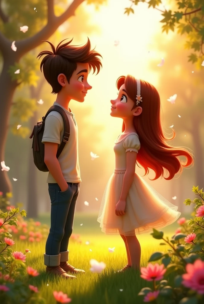 John and Emily's first meeting, recreated" John is a young handsome man and Emily is a young beautiful lady 3d animated