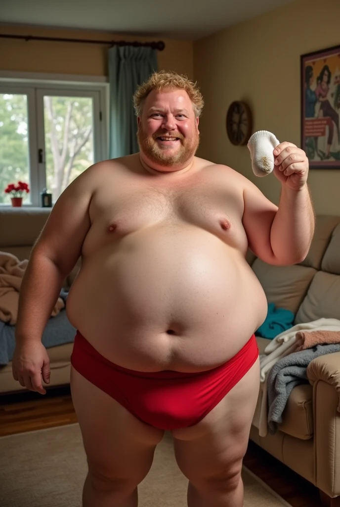 Picture of a man blond short curly very fat round belly no neck red attractive underwear in his hand a sock which is dirty