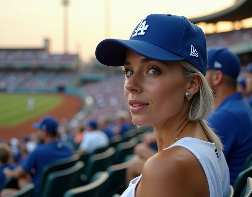 (RAW photo, best quality, masterpiece: 1.2), (photorealistic: 1.4), best lighting, 20 years old, (light gray hair, short cut, hair over ear, Symmetrical eyes, fair skin, solo, Detailed Skin, Detailed Background:1.2), Profile, angle from field to bleachers, sitting in the bleachers at Dodgers Stadium watching the game, many spectators behind, wearing Los Angeles Dodgers baseball cap, white tank top, large breasts, accessories, hair tied back, evening, sunset