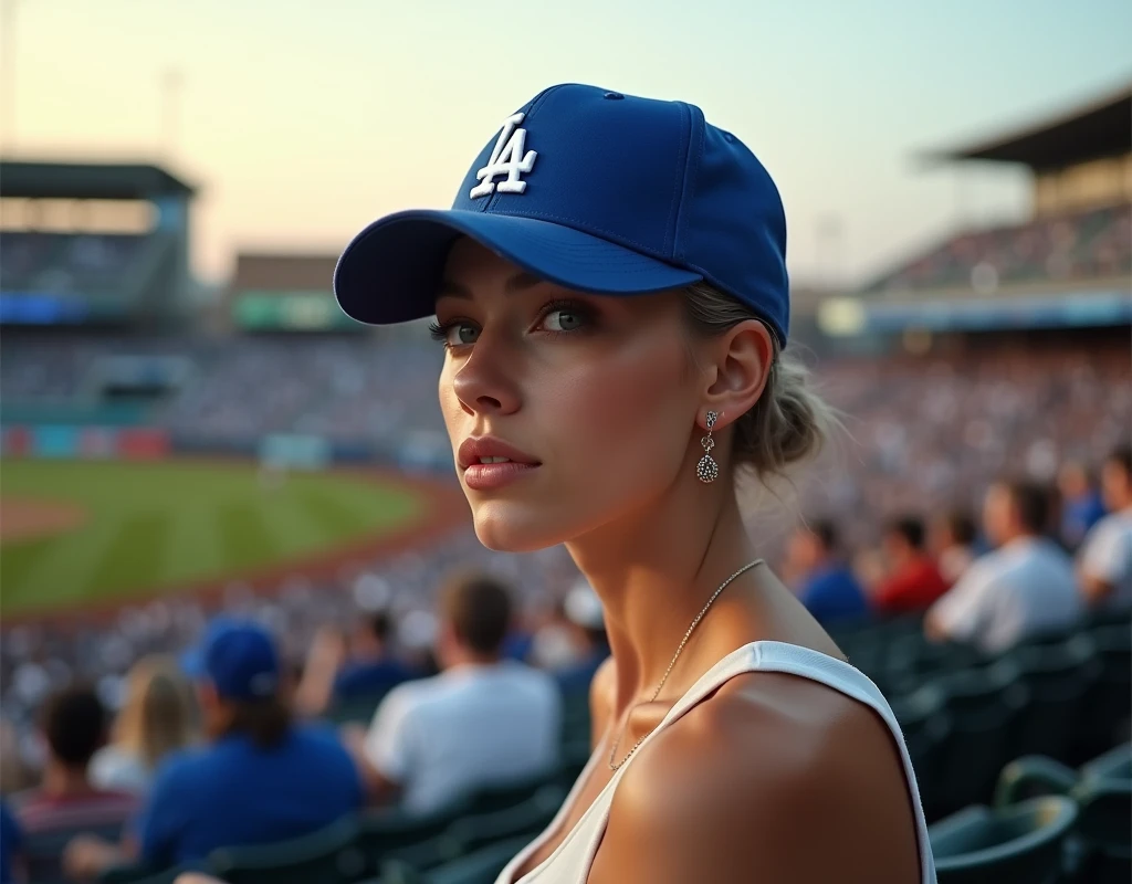 (RAW photo, best quality, masterpiece: 1.2), (photorealistic: 1.4), best lighting, 20 years old, (light gray hair, short cut, hair over ear, Symmetrical eyes, fair skin, solo, Detailed Skin, Detailed Background:1.2), Profile, angle from field to bleachers, sitting in the bleachers at Dodgers Stadium watching the game, many spectators behind, wearing Los Angeles Dodgers baseball cap, white tank top, large breasts, accessories, hair tied back, evening, sunset