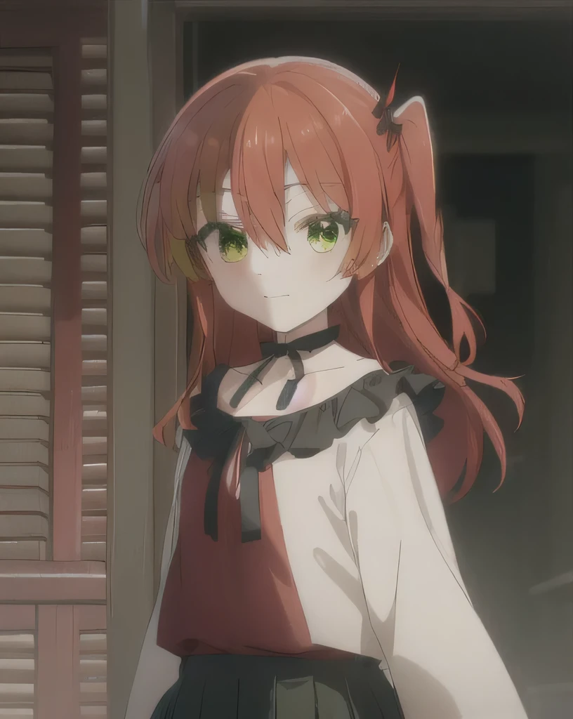 ((top-quality)), ((masterpiece)), ((ultra-detailliert)), (extremely delicate and beautiful),(((Dramatic)))、(((gritty)))、(((vehement))), ikuyo kita, (green eyes:1.5), hair between eyes, long hair, one side up, red hair, red horns, evil smile, She wears stylish and edgy clothes, a miniskirt, Black Choker