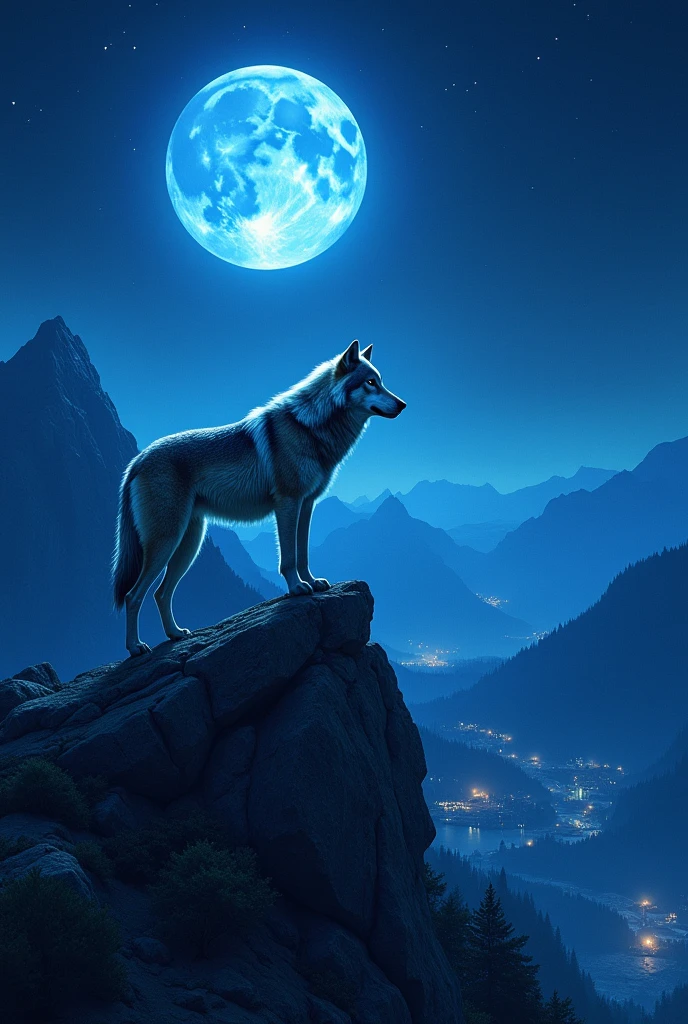 Wolf stand on the mountain in blue moon