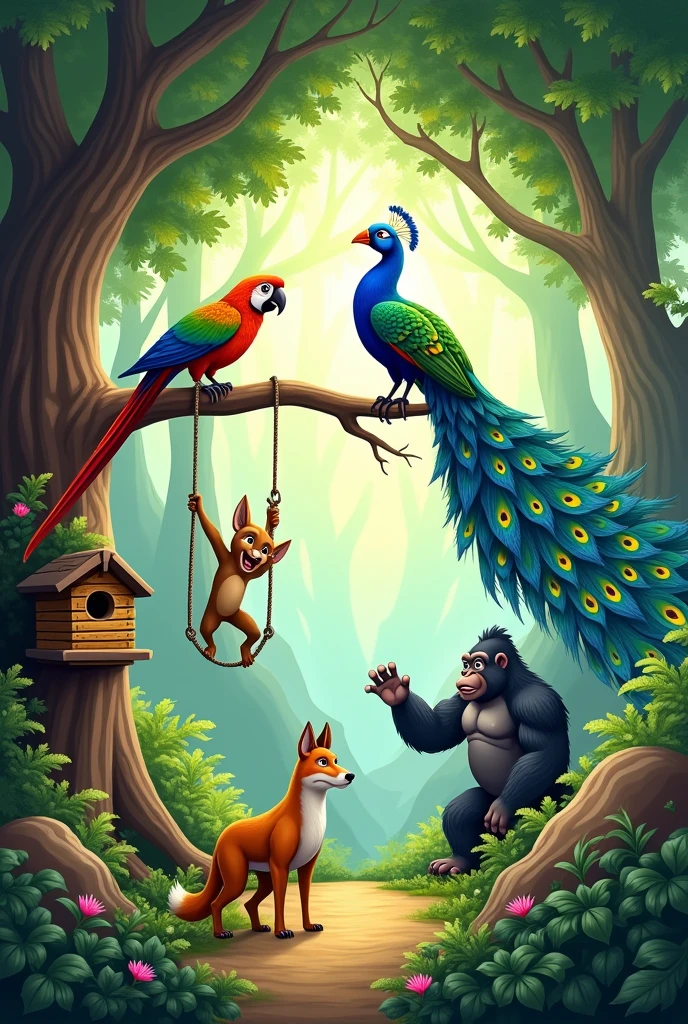 Horizontal realism with a bit of cartoon picture with opened detailed forest background, beehive on tree on left side, with parrot on branch, peacock displaying feathers to attract mate, gorilla hanging on vine on left side, coyote with confident posture