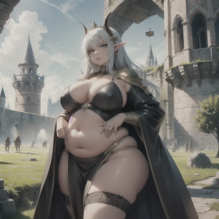 best quality, high rating, 8k, high resolution, beautiful face, gorgeous, masterpiece, ((flawless)), (((high rating))), (highly detailed face), masterpiece, full resolution, highly detailed skin texture, 8k, high resolution, beautiful face, 1woman, goblin queen, standing infront of tower, dungeon, knight, guards, giant dungeon tower, fields, dark fantasy tower, chubby queen, round tower