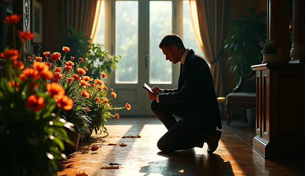 Make a photo of a detective closely observing a murder scene. The background is a flower bed on the first floor of a luxury apartment. Make the detective Vietnamese.