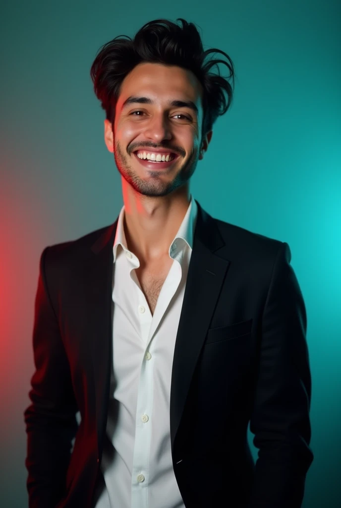 A young man with dark hair and a confident smile. He is dressed in a black blazer over a white shirt. The man is positioned against aqua colour backdrop with a subtle red lighting on the left side. and he posing for Linkedin profile