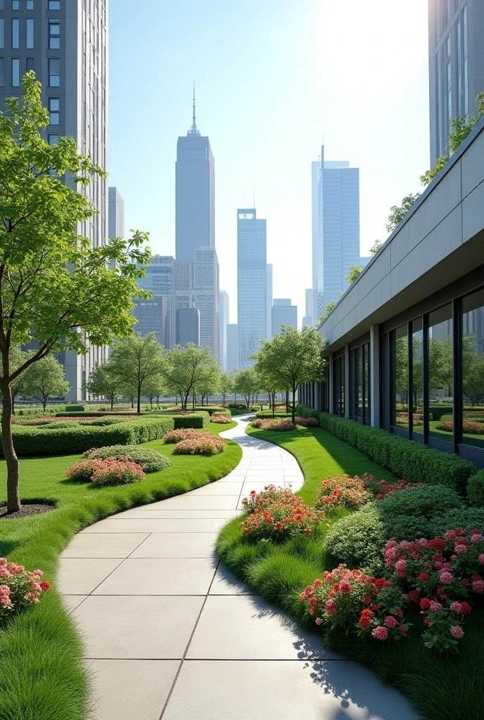 Modern rooftop garden, curved walkway, no trees, no pavilion, no seating