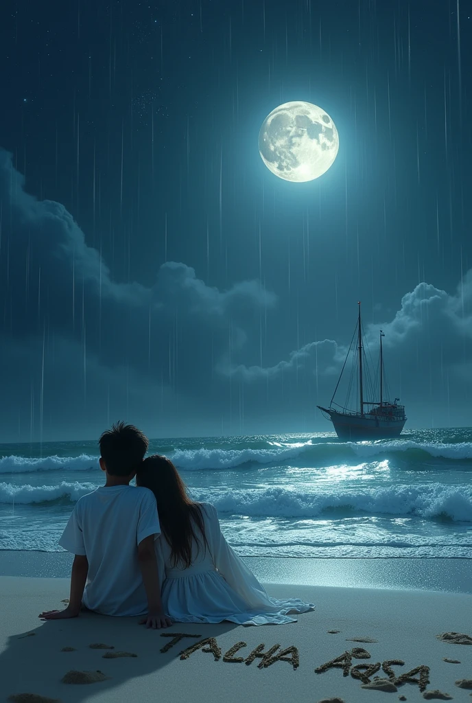 The boy and girl in white dress are sitting on the banks of the sea and wind is moving fast and the girl's head is resting on the boy's shoulder and written girl name TALHA AQSA in sand and it is midnight and it is raining heavily and the moon and stars are there and there is a big boat in the middle of the sea