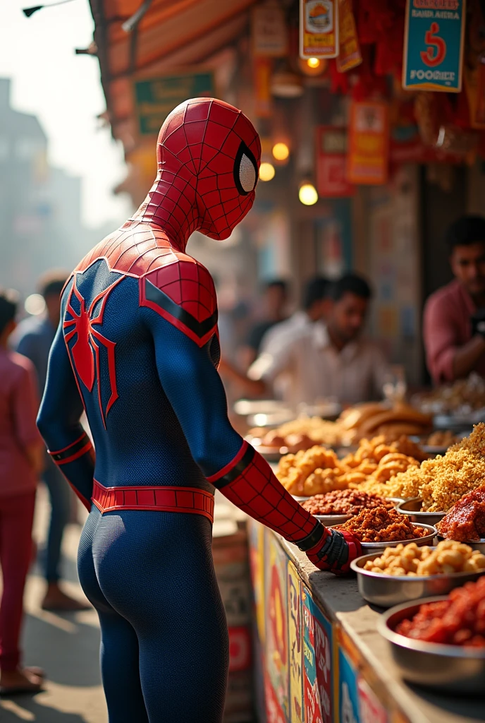 Spider man buying street food in indian shop