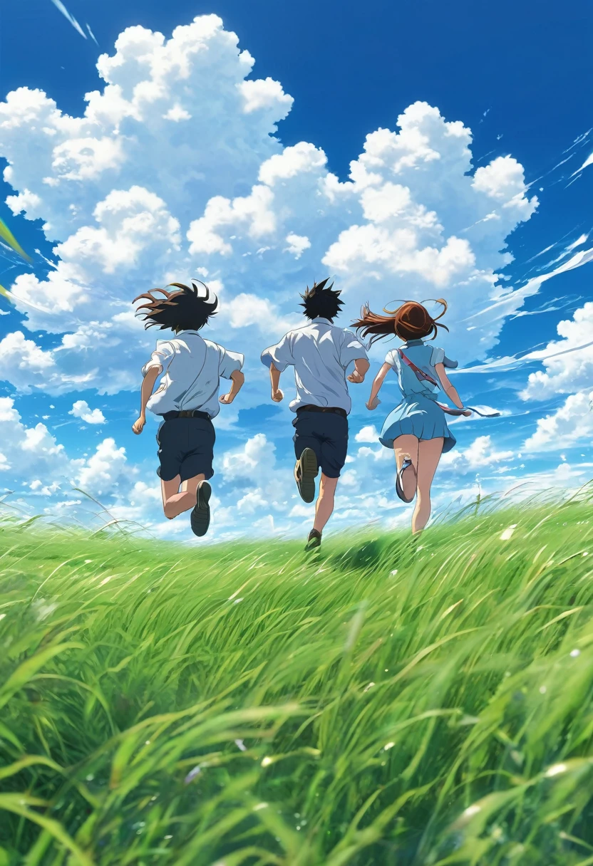 anime couple running in a grass field, creative, realist, white clouds, blue sky, anime landscape, wide picture, wind in motion