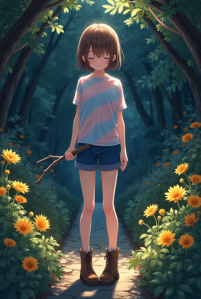 anime girl, having piece of tree branch, horizontal stripes of light blue and pink, blue shorts, brown boots, closing eyes, short brown hair, golden flower garden, dark place