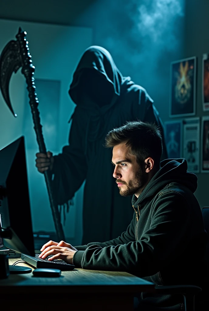 A grim reaper behind a man playing a game