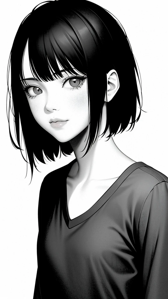 1girl, solo, monochrome, greyscale, short black hair, portrait, shirt, closed mouth, looking at viewer, sketch, graphite \(medium\), small lips, hatching \(texture\), without makeup, bangs,
