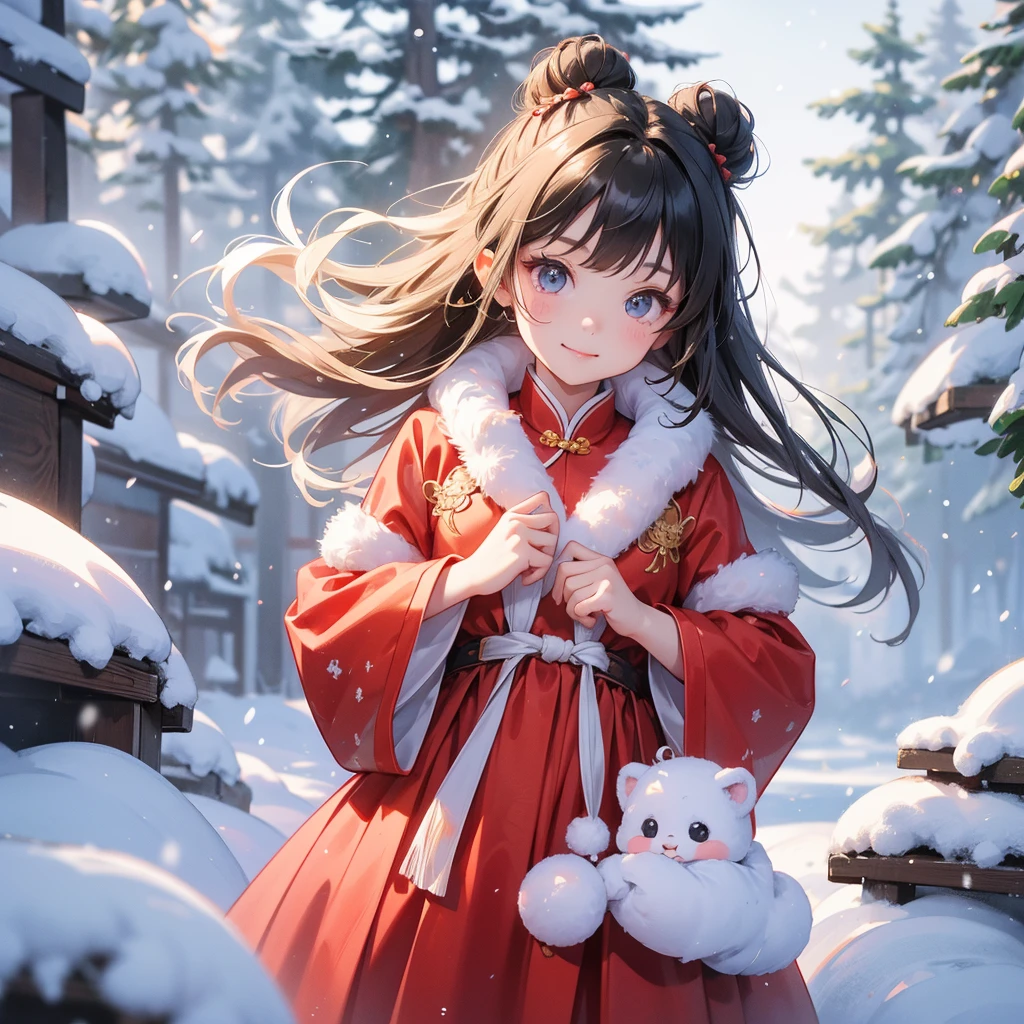 A chibi child girl had a small face and Wearing a little Taoist priest's outfit. A pair of big round eyes shone with curiosity about him. This child was so cute! Wearing a chinese new year dress, Amidst the white snowy atmosphere, the snow is falling lightly, the trees are covered with white snow.


her hair is black with two buns on her hair.small chibi, chibi baby, smiling ,Chibi.

