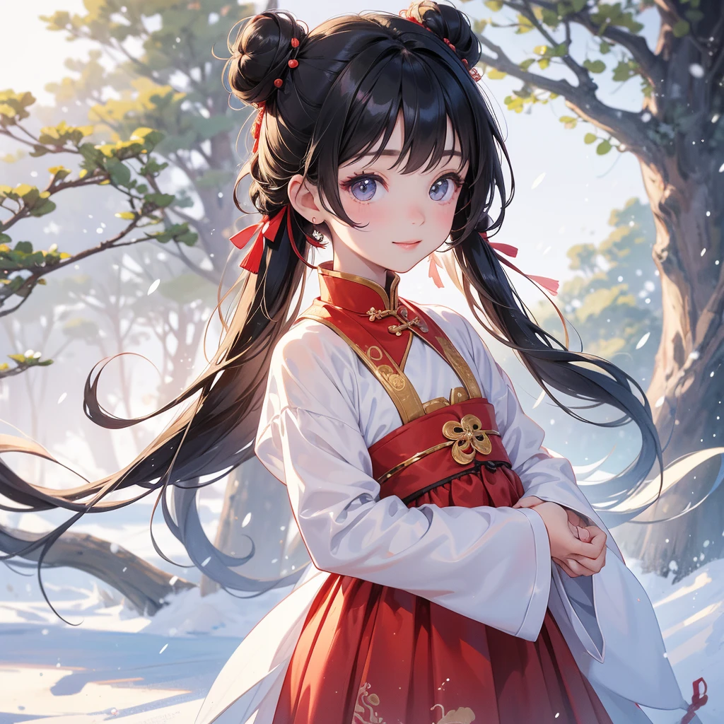 A chibi child girl had a small face and Wearing a little Taoist priest's outfit. A pair of big round eyes shone with curiosity about him. This child was so cute! Wearing a chinese new year dress, Amidst the white snowy atmosphere, the snow is falling lightly, the trees are covered with white snow.
her hair is black with two buns on her hair.small chibi, chibi baby, smiling ,Chibi.