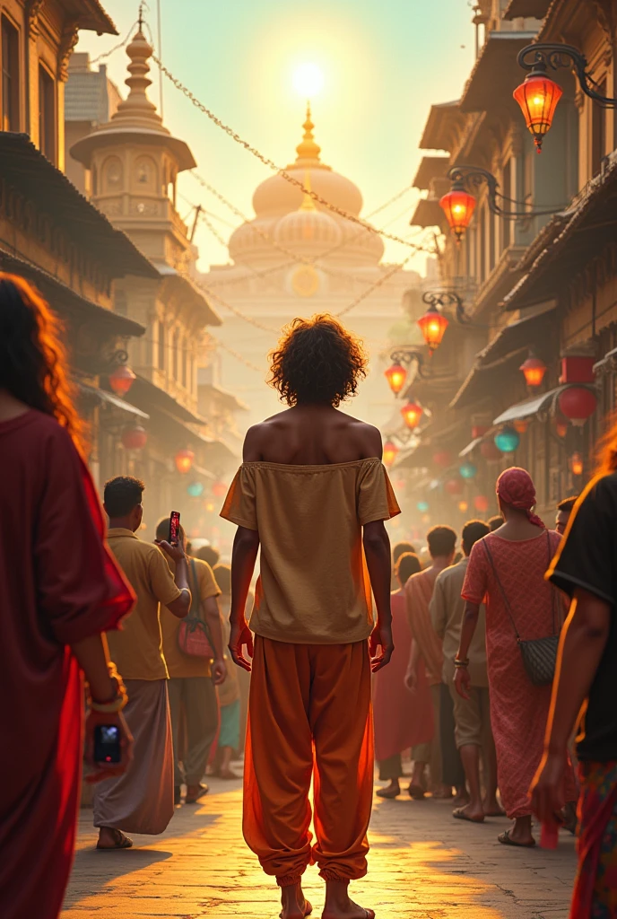 (photorealism:1.2),In indian market had joind by four street some young man standing on middle in road, All road is jaam people standing on the road with stick in hand stick mobile phone to captchuring , middle on road, wearing loose off-shoulder top, pajama pants, long hair , outdoors, soft lighting, house in background, mahakaal with sunlight, realistic, intricate details, warm colors, by Greg Rutkowski, by Alphonse Mucha