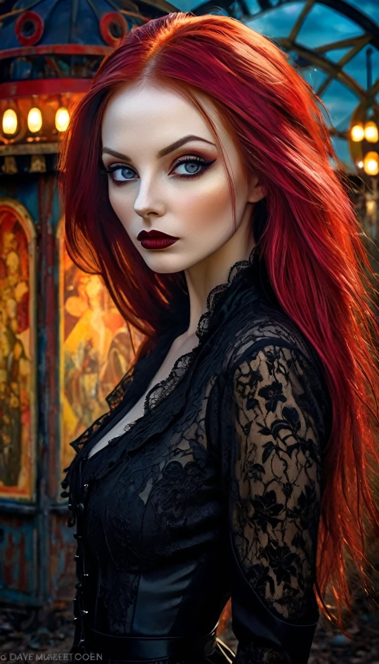 long red hair vampire, sexy gothic costume, sexy, in an abandoned amusement park.,(best quality, 4k, 8k, high resolution, masterpiece: 1.2), ultra-detailed, (realistic, photorealistic, photorealistic: 1.37), details intricate, vivid colors, sharp focus, professional, Dave McKean artwork, surrealism oil touch, oil painting style, portrait, woman, beautiful detailed eyes, beautiful detailed lips, dreamy atmosphere, shadow play, lighting soft, fun pose, dark tones, ethereal background, fantasy elements, texture, layered composition.
