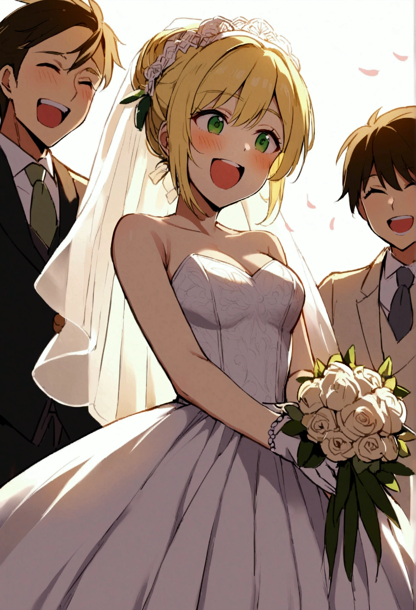 20 years old girl, long blonde hair, green eyes, yellow eyebrows, wedding dress, enthusiastic laugh